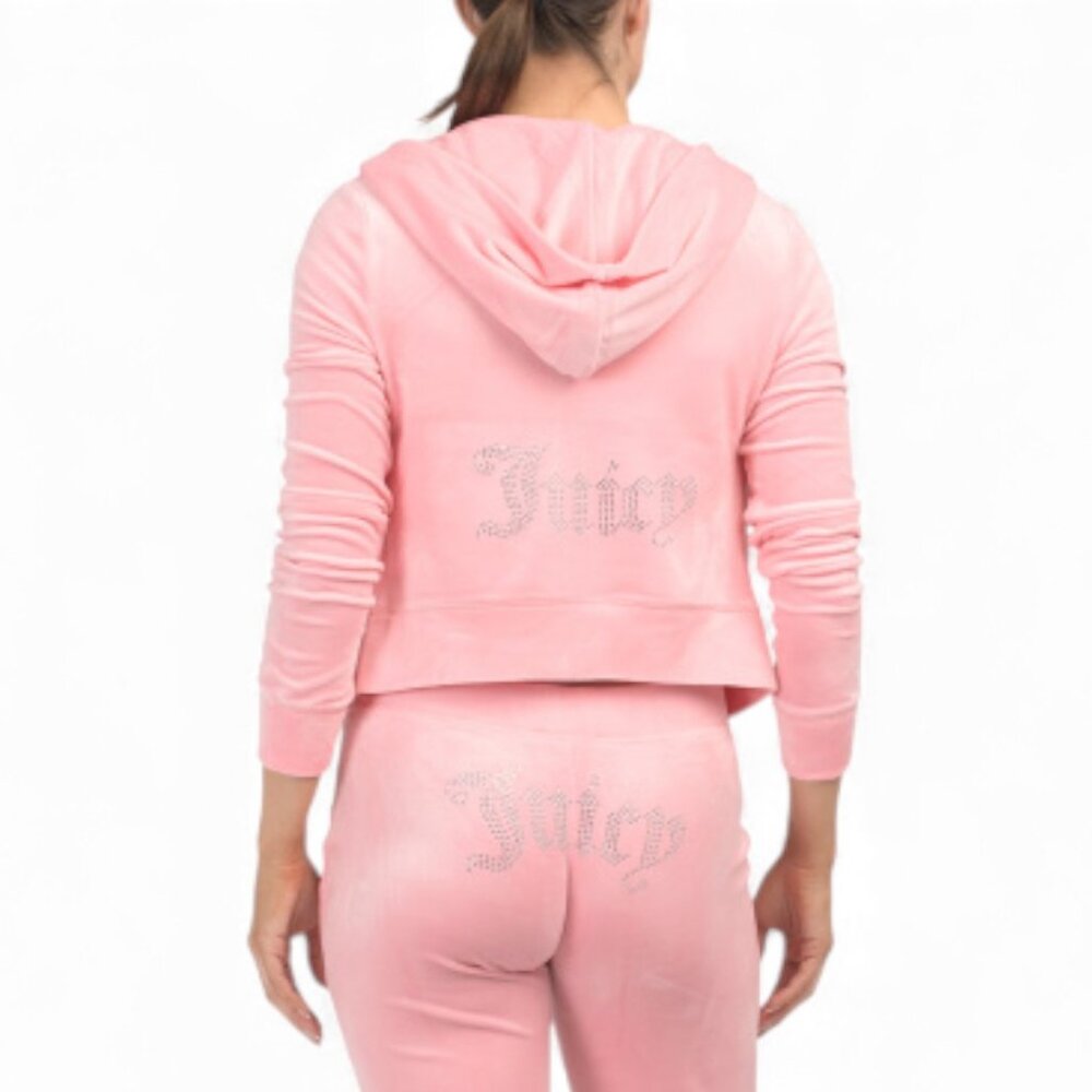 JUICY COUTURE Size L Velour 2 PC Hoodie Sweatpants Bling Rhinestone Sweatsuit